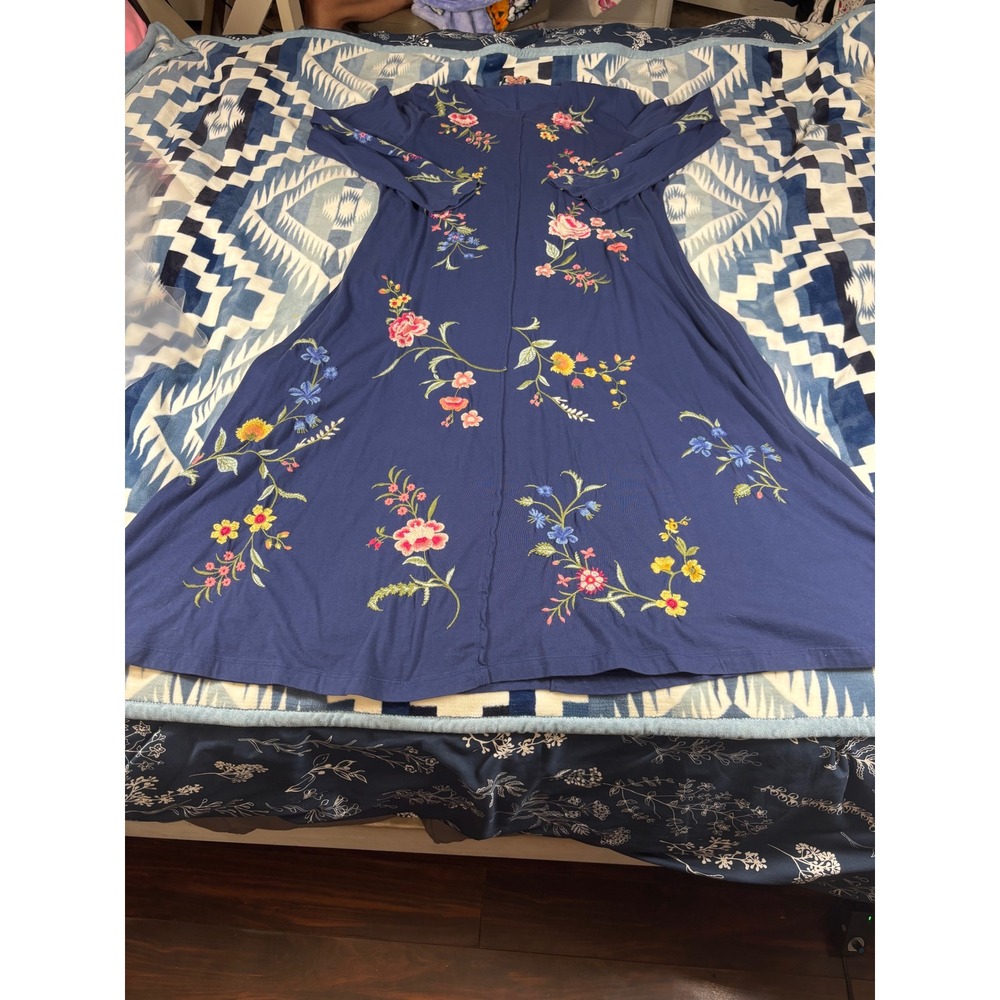 Johnny Was Navy Blue Floral Embroidered Long Sleeve Maxi Dress XL Boho Jersey